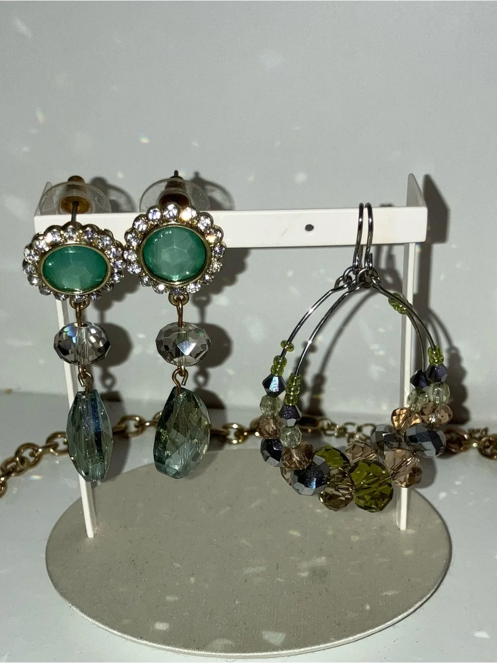 Iridescent Green Crystal Layered Necklace & 2 Earring Sets Costume Jewelry